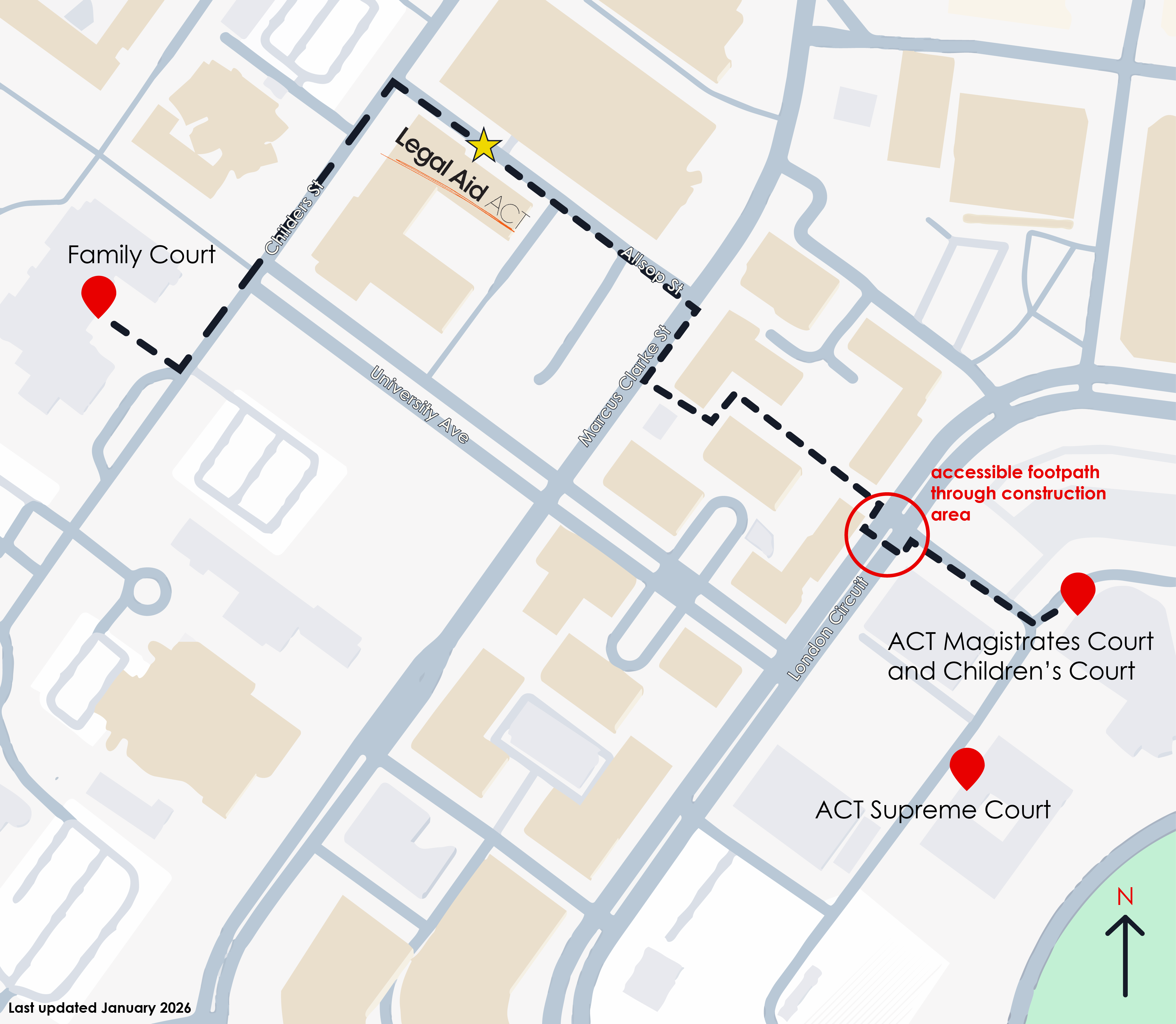 Graphic of a street map showing walking directions to the Family Court, ACT Magistrates Court, Children's Court and Supreme Court from the Legal Aid office on Allsop Street.