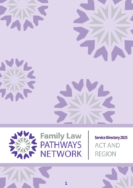 Purple cover of service directory with text 'Family Law Pathways Network directory'
